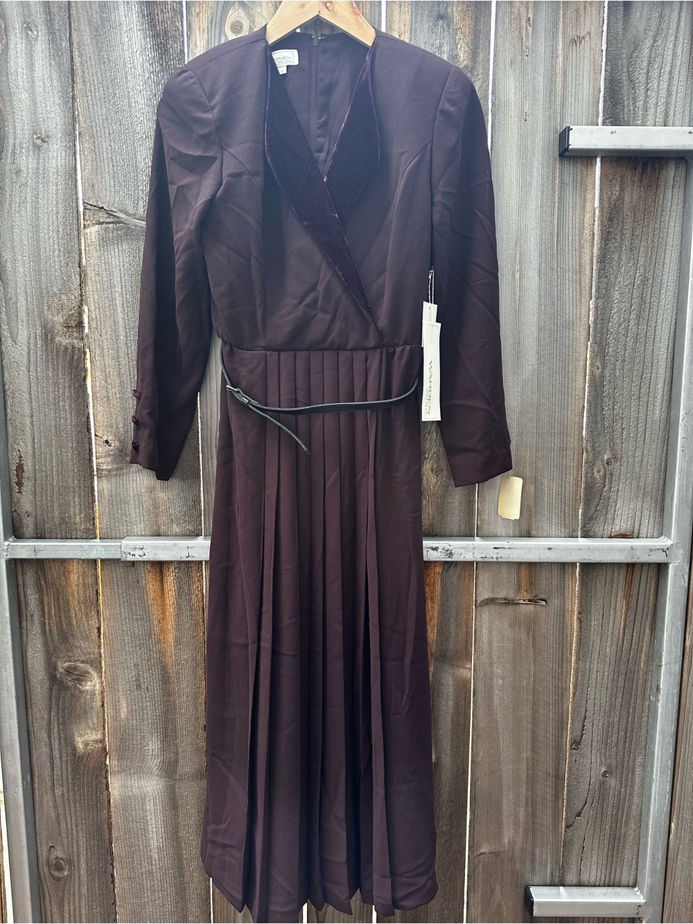 VTG Warren Petites Plum Purple Pleated Midi Dress Velvet Collar Belt Size 6